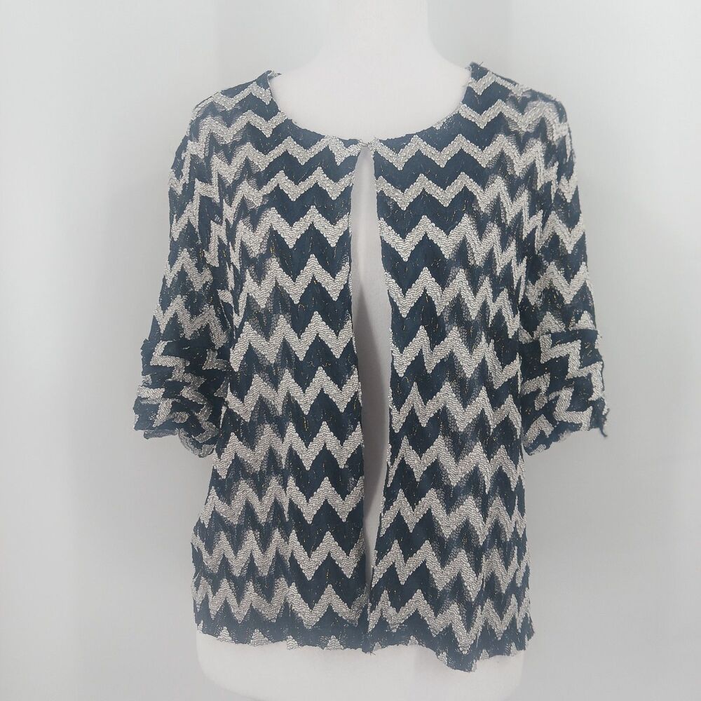 womans percrptions petite size PXL black silver chevron short sleeve open blouse